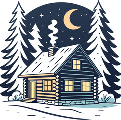 Cozy Wooden Log Cabin in Winter Night with Snowy Forest Vector Illustration