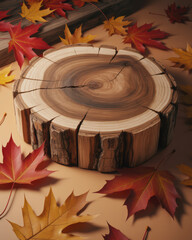 Detailed cross-section of a wooden log with autumn maple leaves scattered around