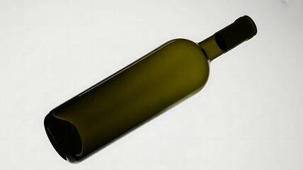 Empty dark green glass wine bottle lying diagonally against a bright white background in a minimalist studio shot