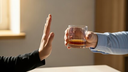 Hands refusing a glass of alcoholic drink on a table