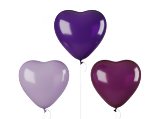 Three heart-shaped balloons in purple and lavender isolated on transparent background