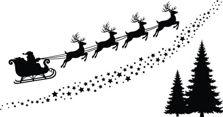 Santa Claus flying with reindeer and sleigh over winter forest, magical Christmas night silhouette, festive holiday illustration design © Itz Mehedi