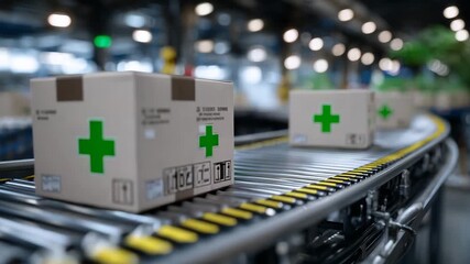 255Close-up of a medical supply box with a green cross moving on a conveyor, soft shadows and ambient lighting emphasizing order and reliability in distribution