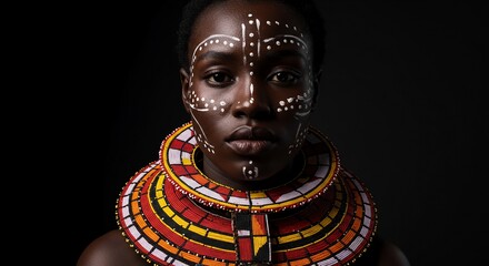 A captivating close-up portrait of a person with deep dark skin, featuring intricate white tribal face paint and a large, vibrant multi-colored beaded collar, set against a stark black background.