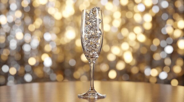 Champagne Glass Filled with Sparkling Diamonds on Golden Bokeh Background
