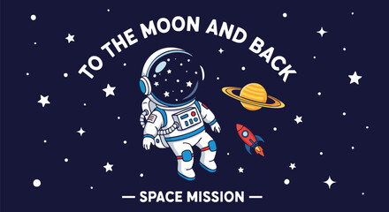 Naklejka premium Cute Astronaut Floating in Space with Rocket and Planet, 