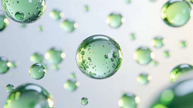 緑色のCICA系美容成分の分子が上下に浮遊するシームレスループ動画｜鎮静・ナチュラル・スキンケア / Seamless loop of green CICA-inspired cosmetic molecules floating up and down | soothing, natural skincare