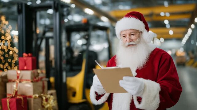 269Close-up of Santa checking a manifest with red and gold presents stacked dramatically behind him, forklifts and mechanical arms operating in soft-focus background