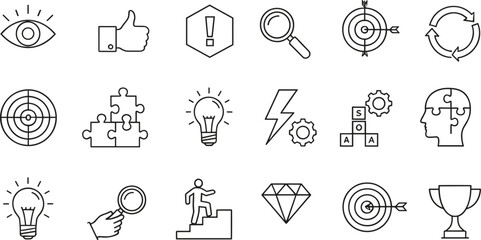 Fototapeta premium Complete set of self improvement and goal achievement line icons featuring target hits light bulbs puzzle pieces logical thinking and success trophies