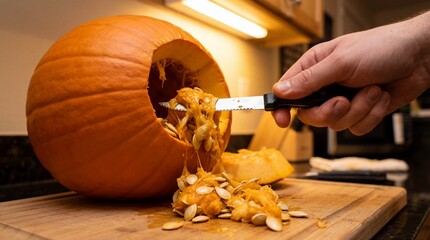 Hand Removing Seeds and Pulp From Pumpkin With Knife on Kitchen Board