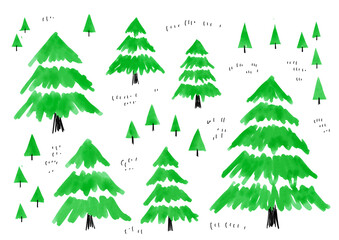 Hand drawn watercolor green tree illustration set　手書きの木と森のイラストセット