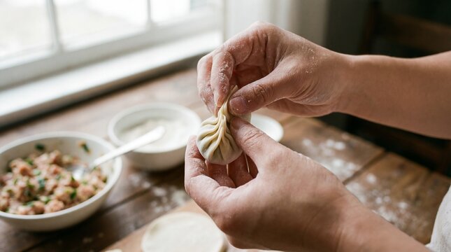 Hands Folding Homemade Dumpling Dough with Flour on Wooden Table