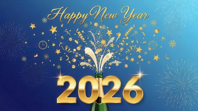 Happy new year 2026 with champagne bottle exploding