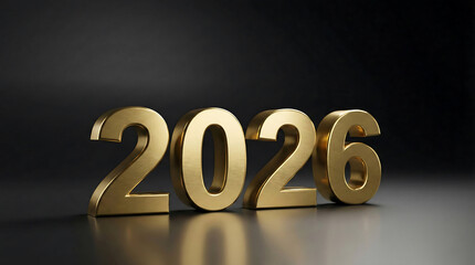 2026 Happy New Year. Golden 3D bold numbers isolated on black background with reflection. Luxury and elegant style for calendar or greeting card.