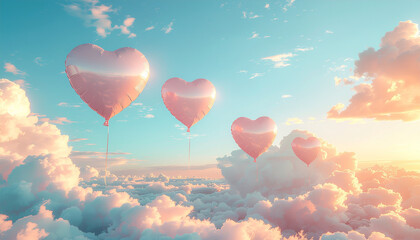 Fototapeta premium Whimsical Heart Balloons Floating in Pastel Sky Valentine Background