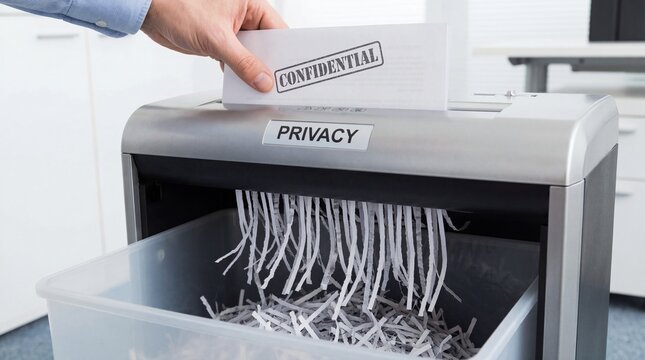 Man Putting Confidential Document Into Privacy Paper Shredder