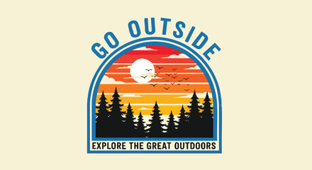 Go Outside Explore the Great Outdoors Vintage Sunset Landscape Patch Graphic.