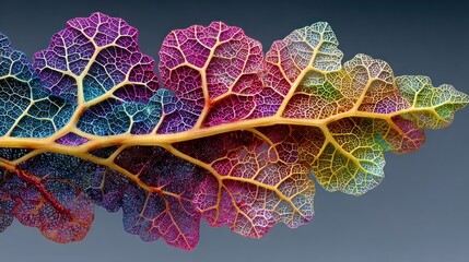 Vibrant leaf skeleton with multicolored veins on a gray background
