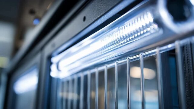 Medium shot focusing on an illuminated security gate equipped with multifactor biometric and RFID sensors emphasizing layered protection in a highsecurity facility.