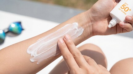 Applying SPF 50 Sunscreen Lotion on Arm for UV Guard Protection