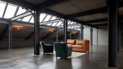Spacious industrial loft interior featuring exposed steel beams and a cozy seating arrangement with leather and velvet furniture
