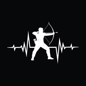 3D Archery Heartbeat Vintage T Shirt Design | Archery Lover Pulse Line Vector