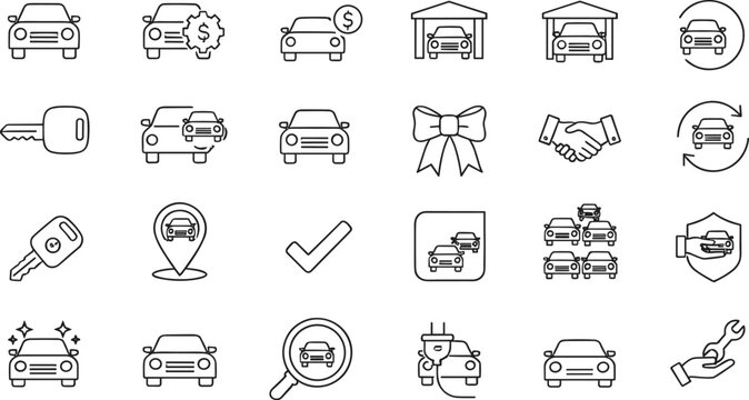 Comprehensive automotive service line icon set featuring car sales rental insurance electric vehicle charging repair tools and garage storage symbols