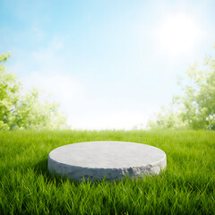 Circular Stone Platform in a Lush Green Grass Field with Soft Sunlight and Blurred Summer Trees Background
