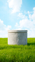 Minimalist Tall Stone Cylinder Podium Stand for Product Display in a Green Field with Soft White Clouds