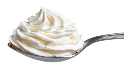 A spoonful of whipped cream is shown on a white background