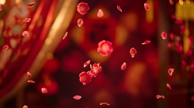 Faling plum flower petals with red blur background, concept for skincare, beauty, serum, chinese new year