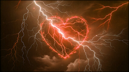 A powerful heart shape formed by crackling pink lightning, illuminated against a dark stormy sky, symbolizing intense emotion, energy, and passion fused with the raw force of nature.