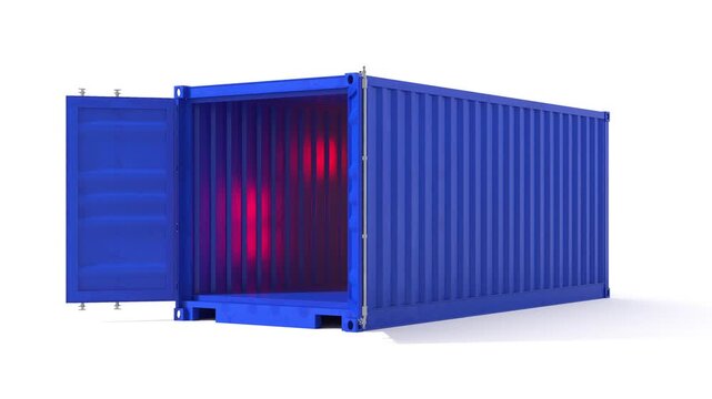 Beautiful blue cargo shipping container on white background. The doors of the shipping container are opening and camera moves slow out.