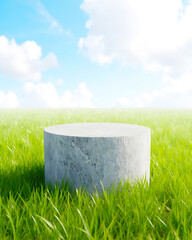 Thick Stone Cylinder Platform Surrounded by Green Grass Under a Bright Summer Sky for Nature-Inspired Mockups
