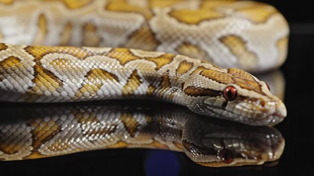 Close-up of a beautiful reticulated python with striking red eyes resting on a reflective surface