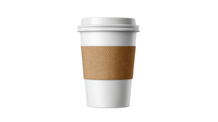 A white coffee cup with a brown sleeve, isolated on a transparent background