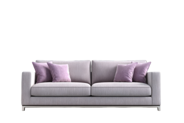 Luxurious modern gray fabric sofa featuring soft lavender throw pillows isolated on transparent background