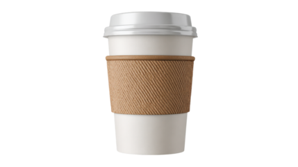 A white coffee cup with a brown sleeve, isolated on a transparent background