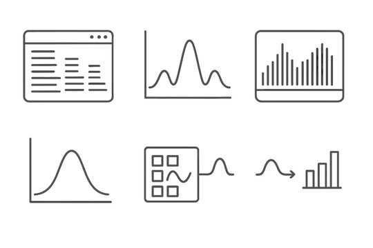 Spectral Analysis Icons. Line style icons of Spectral Analysis Tools: spectrogram window, harmonic peaks chart, real-time analyzer