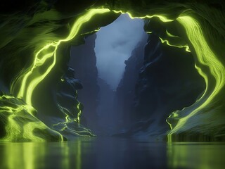 Eerie neon green glowing lava flows illuminate a dark mysterious canyon entrance above still reflective water surface