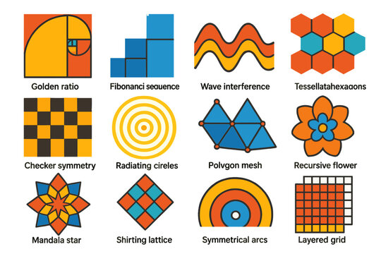 Mathematical Patterns Icons. Flat vector icons of Mathematical Patterns: golden ratio spiral, Fibonacci sequence, wave