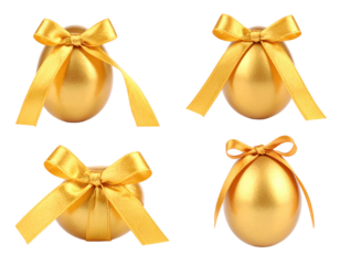Four Golden Eggs With Yellow Ribbon Bows Isolated On Transparent Background