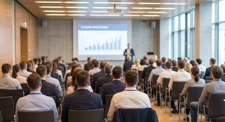 Business seminar attendees listening to a speaker presenting data growth on a screen.