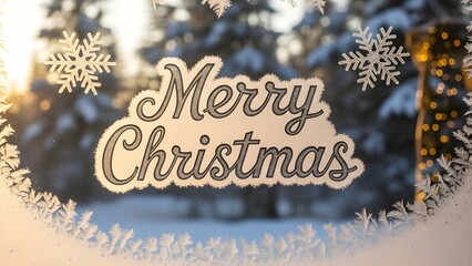 Merry Christmas" lettering on frosty window, soft snow outside, cozy festive atmosphere, warm natural light