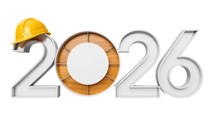 Modern 2026 construction concept with hard hat and wooden design