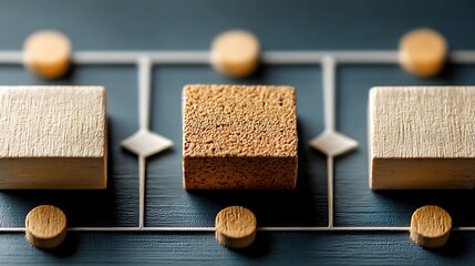Wooden blocks and cylinders on a grey grid with diamond connectors shape geometric