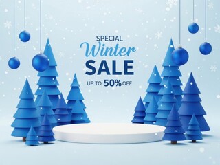 Blue christmas trees and ornaments on a white platform for a fifty percent off sale