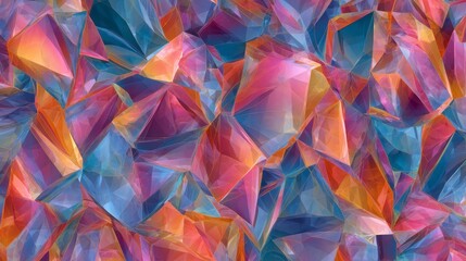 A vibrant, abstract digital art piece showcasing a mosaic of jewel-toned polygonal shapes with radiant light effects. The composition is dynamic and eye-catching