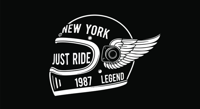 Retro Motorcycle Helmet with Wings and "New York Just Ride 1987 Legend" Text - Vintage Biker Graphic.