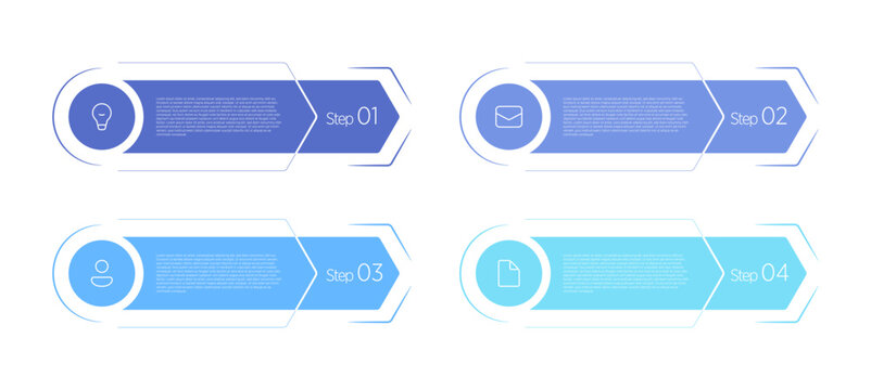 A 4-step chevron infographic uses angled arrow shapes (chevrons) to visually represent a sequential process, often in presentations for clarity and flow. 